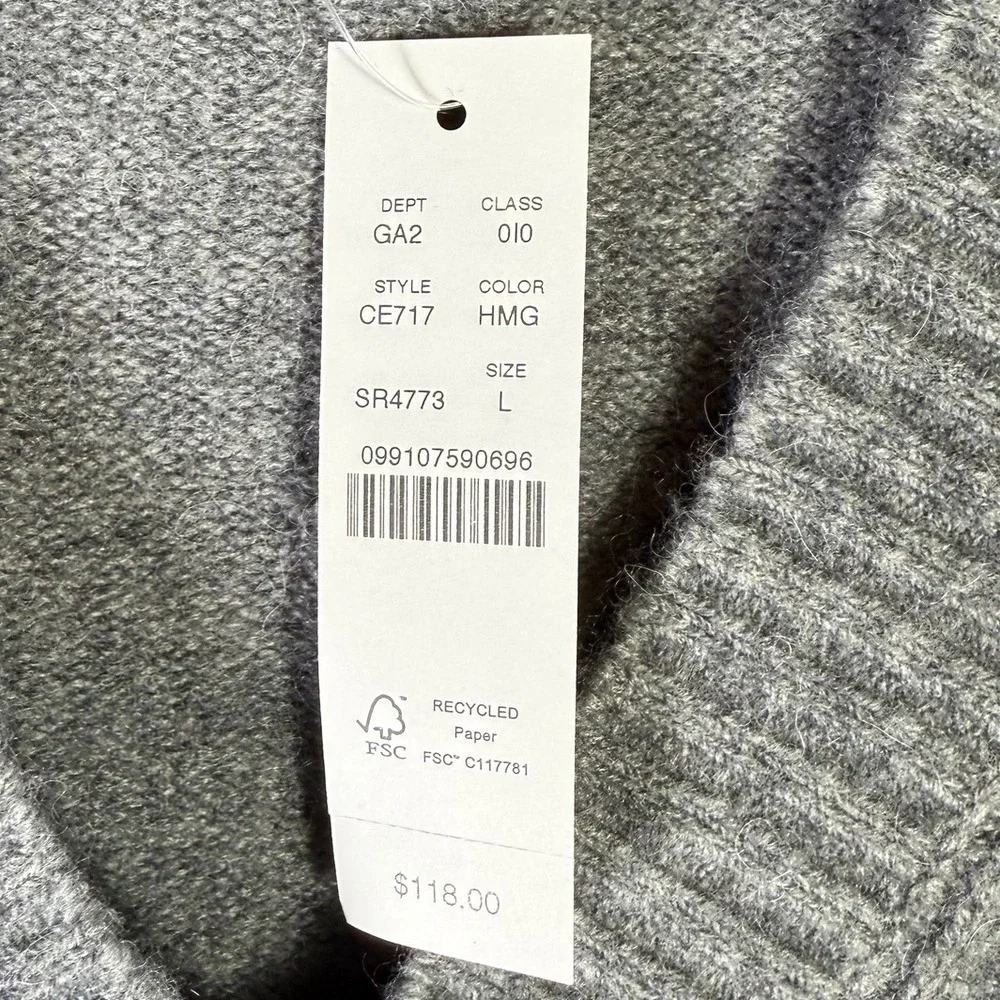 J.Crew Mens Merino Wool Alpaca V-Neck Sweater Gray CE717 Size L NWT Snag